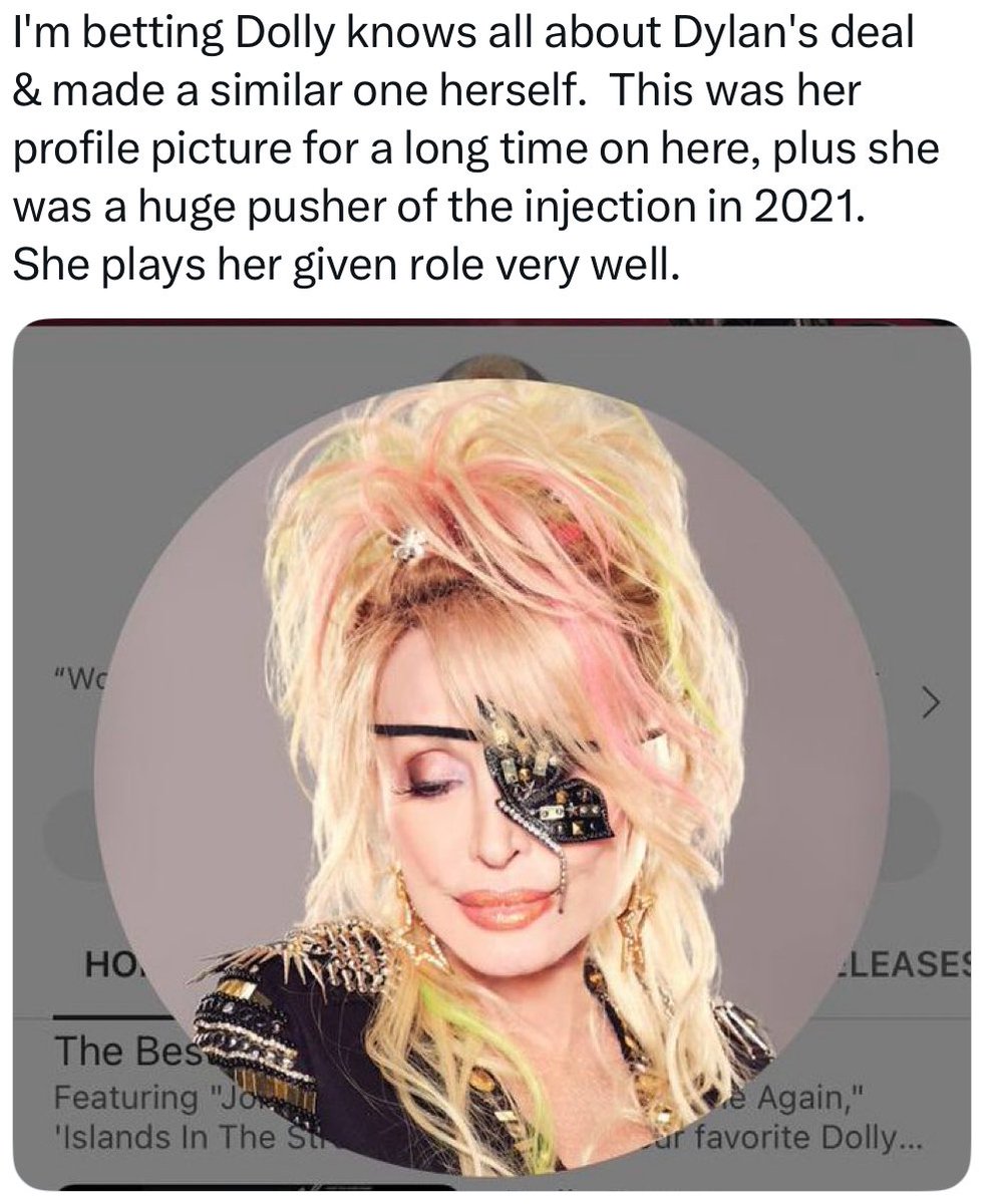 AndreaBuntinUSA's tweet photo. Fuck Dolly Parton and her demonic friends who got millions killed and promoted the DOD’s bioweapon shots. She herded the sheep in life, through the Covid psyop and made millions. They will mourn her death because Americans and generally stupid followers. 80% of Americans took the shots. Not a lot of free thinkers but prolly a lot of Dolly fans.