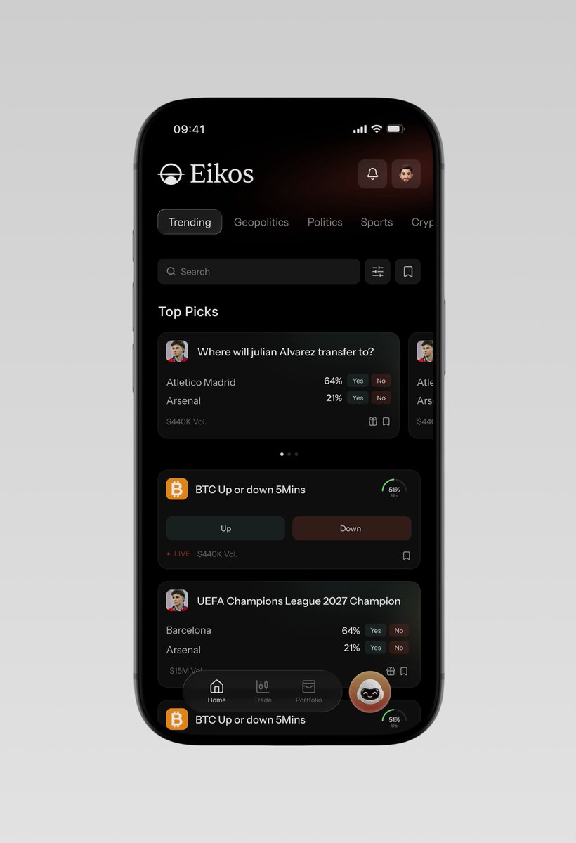studioklyr's tweet photo. A prediction market can get 
complicated fast.

So the interface shouldn’t.

We built the experience around:

→ A clear content hierarchy
→ Fast access to markets
→ Focused trading flows
→ An onboarding experience that gets users in quickly

Just a product that feels intentional from the first screen.

That's what $1500 gets you

You can use AI to get a product off the ground.

But we’ll help make it look like a product worth using. One that attracts the right investors.🧡