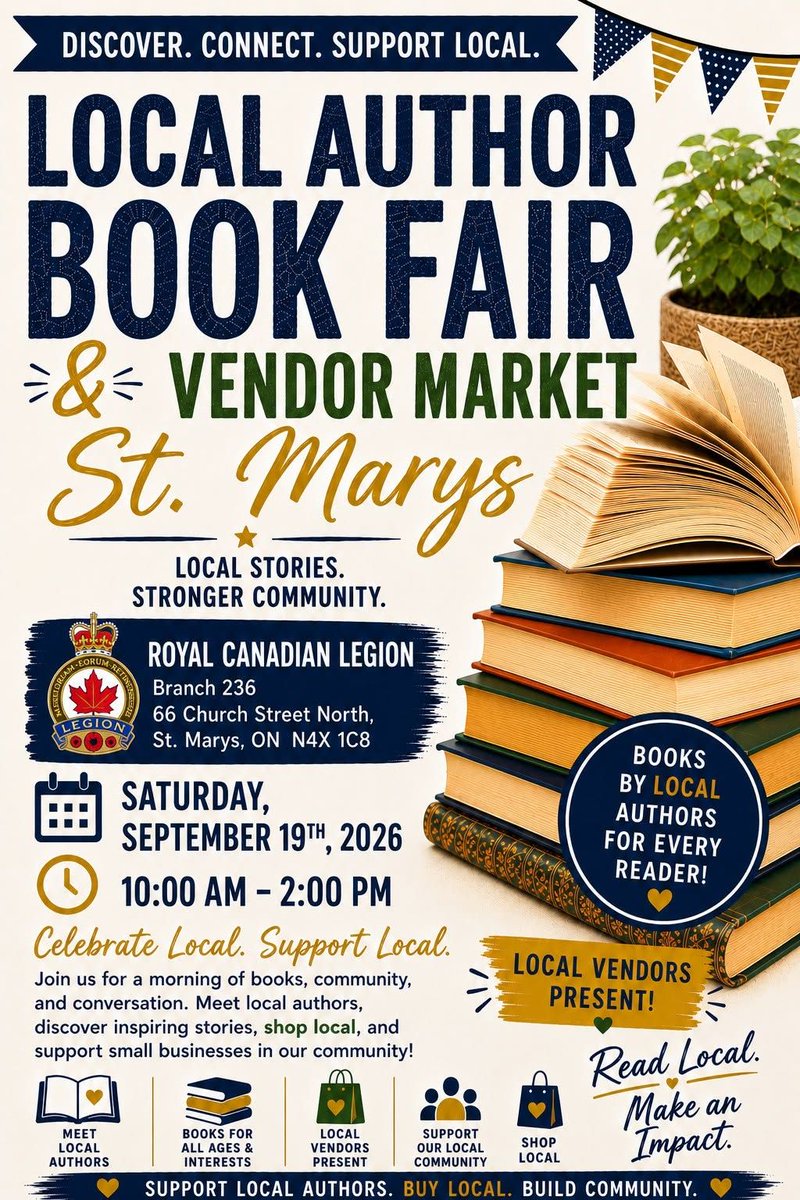 RCL236StMarys's tweet photo. Local Author Book Fair in the Royal Canadian Legion Branch 236, Saturday, Sept 19th, from 10–2 p.m. https://t.co/NRuE2dgBpJ