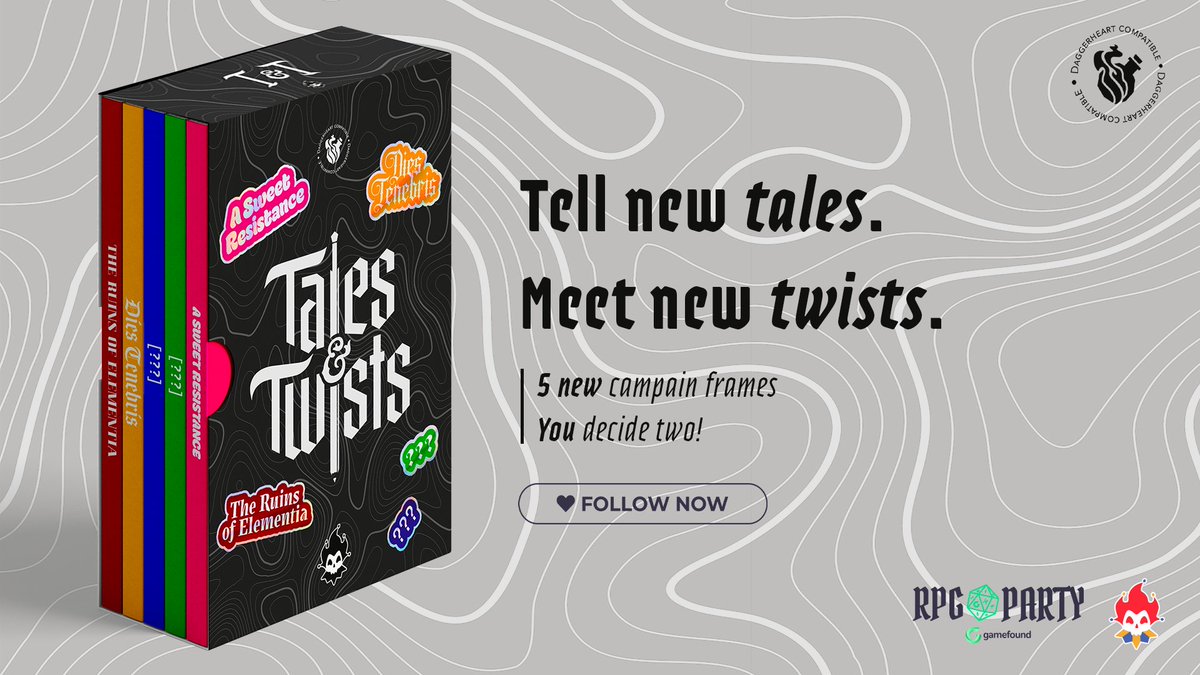 JackOfAllTracks's tweet photo. Did you check out our newest project selected for Gamefound's RPG Party 2026?  Tales &amp; Twists is live now!  If you like Daggerheart, here are 5 new campaign frames packed with newmechanics, new scenarios, brand-new tales to explore and you get to pick the themes for 2 of them! https://t.co/c9CyfsIN57