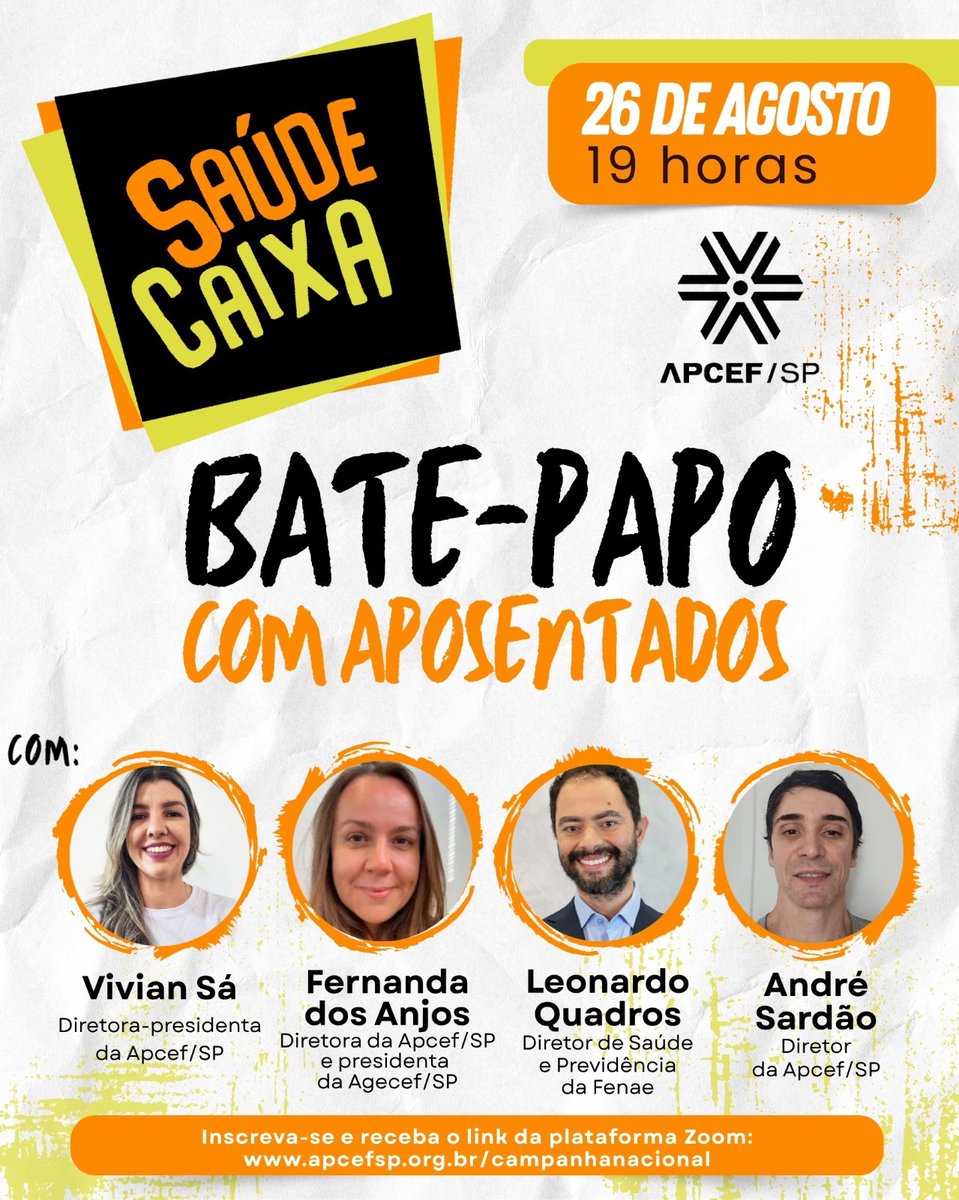 apcefsp's tweet photo. 📢 Aposentados, este convite é para vocês!
A Apcef/SP promove um bate-papo com aposentados para conversar sobre dois temas importantes: Saúde Caixa e Campanha Nacional.
👉 Inscreva-se no link:
➡️ https://t.co/vkdpXt5CwO
#ApcefSP #CampanhaNacional #SaúdeCaixa #Aposentados https://t.co/L0NPK8IVJs