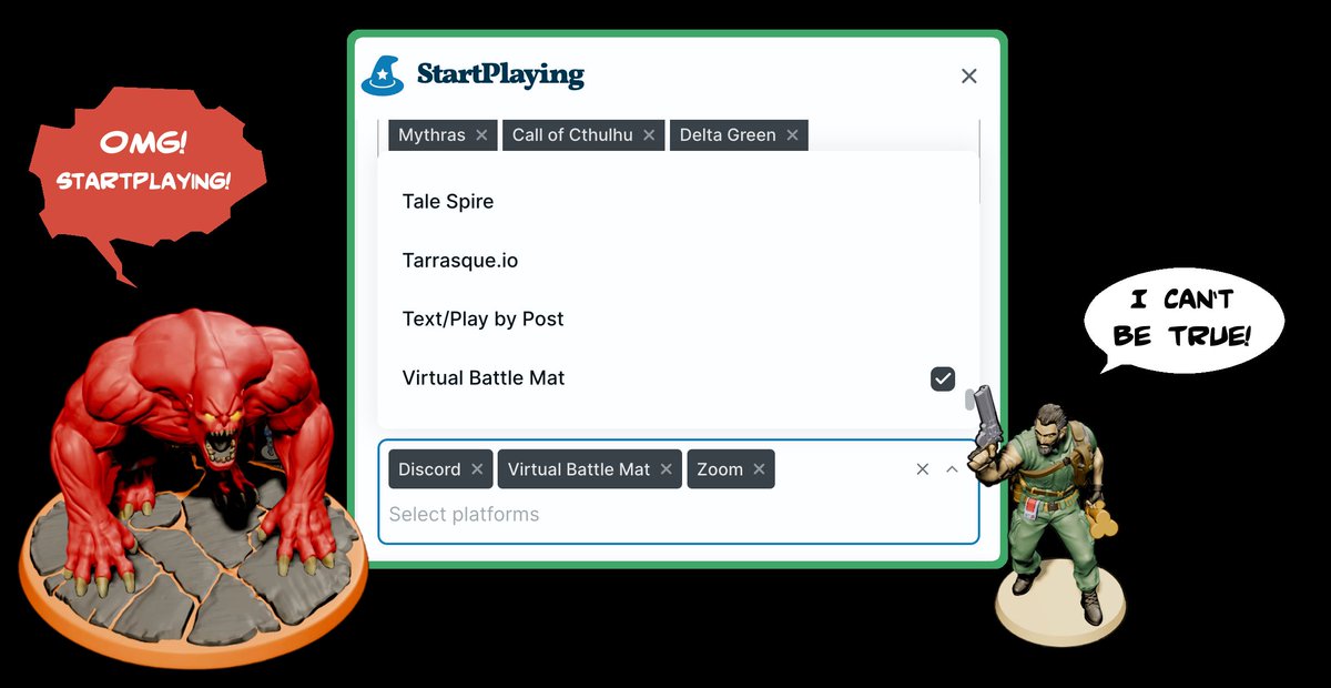serpentcultist's tweet photo. Virtual Battle Mat is now on StartPlaying, listed as a game platform right next to Roll20 and Foundry.
If you run games there, you can pick VBM as your table: browser only, voice and video built in, players join with one link.
#VTT #StartPlaying #VBM #TTRPG #DnD https://t.co/e89qIsqSGR