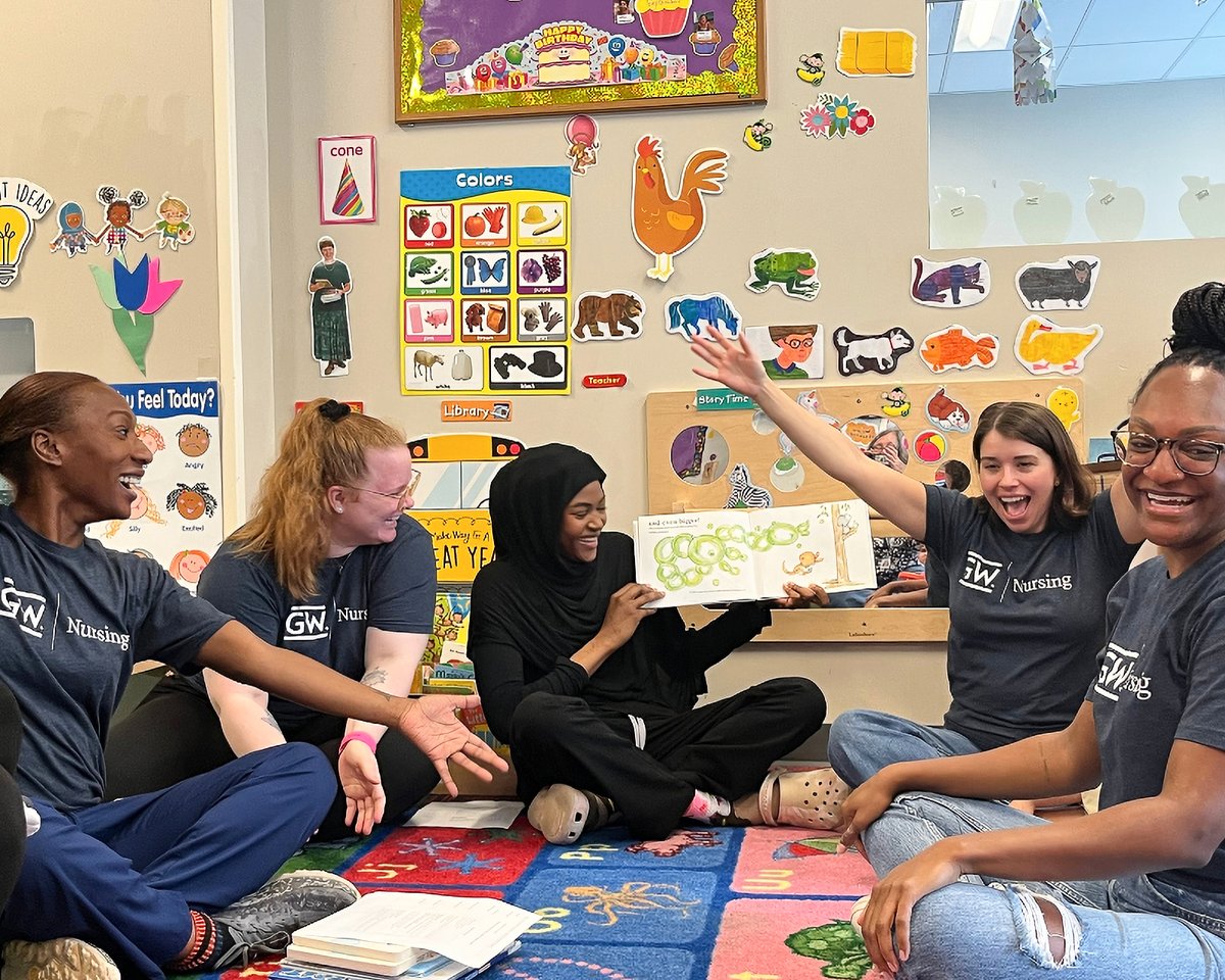 gwNURSING's tweet photo. GW Nursing students recently volunteered at the NVFS Arlington Mill Early Head Start Child Development Center, engaging young learners through play, reading and developmental activities! 🫧 We're looking forward to September with an early childhood health-screening volunteer day! https://t.co/9Ea7hhJMc5