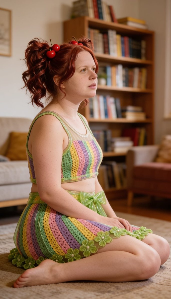 Lizzy1262629's tweet photo. In my pastel rainbow crochet set with the green PVC bow, soft smile and glossy vibes 🌈 Soft energy ✨ 
#PastelLook #RainbowSet #ShinyFashion #KinkyCute #GlossyFashion #PlayfulLook #SoftSmile #HomeVibes https://t.co/xY5fQ2Ia2B