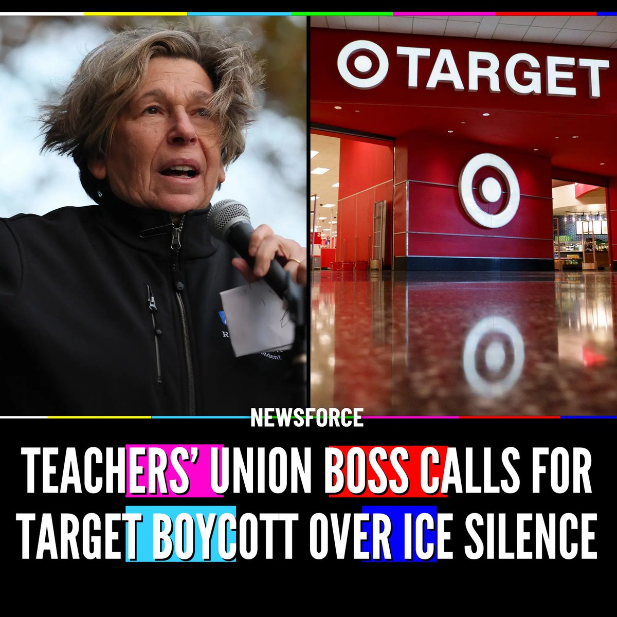 Newsforce's tweet photo. 🇺🇸Randi Weingarten is telling 1.8 million teachers and their families to skip Target this back-to-school season because the company would not denounce ICE operations in Minnesota. 

The union president called federal immigration enforcement an “illegal and immoral assault” and put up a “Shop Smart, Not Target” map of alternatives.

Critics note AFT pensions hold millions of Target shares and are already calling for a federal look at whether the union is using members’ retirement money to run a political boycott.