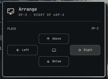 EdBron_'s tweet photo. A bar widget for Omarchy that puts an external monitor left, right, above, or below the laptop display - one click, applied live, and saved so it survives reboots.
https://t.co/pbBW0x2HNP 
#omarchy @dhh https://t.co/xzPcYStAZD