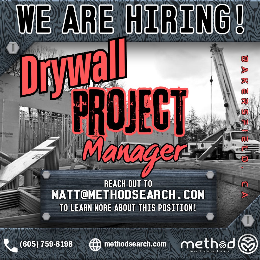 methodsearch's tweet photo. We are actively looking to fill a Commercial Drywall Project Manager position in Bakersfield, CA.  This position will be running a very big project with an even bigger project on the horizon!  DM me for more details. https://t.co/la7Uz8ItVT
