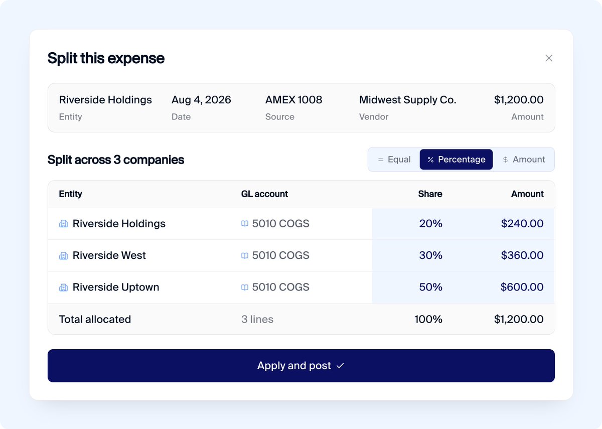 LiveFlow_com's tweet photo. The multi-entity chore nobody enjoys: split a shared cost across accounts, then re-key the intercompany side on the other company's books by hand.

In Flow, you enter it once, and both sides post off your mapped intercompany accounts. Ties out at consolidation🤌 https://t.co/kXOhqOpJm7