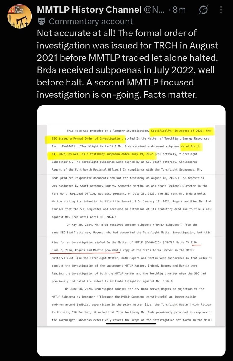 RareDealsHere's tweet photo. In response to a comment below...

The charges filed against John Brda and George Palikaras were only official in June of 2024, AFTER the MMTLP Community gained Congressional traction. 

An investigation doesn't mean charges will be filed.

I've made many posts about the investigation dating back to 2021. But since the commenter chose to bring up the fact that there was an ongoing SEC investigation since 2021, maybe he can explain why FINRA processed the MMTLP Corporate Action if according to their Rule 6490, investigations are reasons to NOT process a Corporate Action.

In the last image you can see that the @SECGov was clearly trying to communicate details of this investigation to @RepRalphNorman before it was made public...

Something that Gary Gensler and the SEC claims they never do! 

Facts matter!