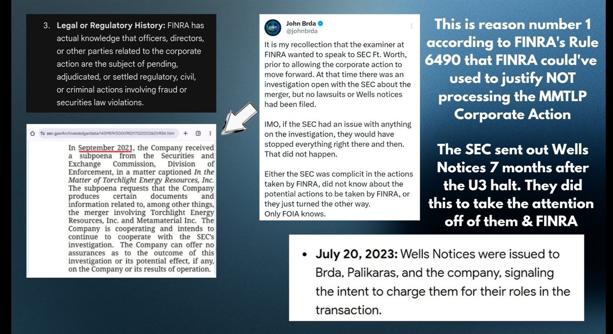 RareDealsHere's tweet photo. In response to a comment below...

The charges filed against John Brda and George Palikaras were only official in June of 2024, AFTER the MMTLP Community gained Congressional traction. 

An investigation doesn't mean charges will be filed.

I've made many posts about the investigation dating back to 2021. But since the commenter chose to bring up the fact that there was an ongoing SEC investigation since 2021, maybe he can explain why FINRA processed the MMTLP Corporate Action if according to their Rule 6490, investigations are reasons to NOT process a Corporate Action.

In the last image you can see that the @SECGov was clearly trying to communicate details of this investigation to @RepRalphNorman before it was made public...

Something that Gary Gensler and the SEC claims they never do! 

Facts matter!