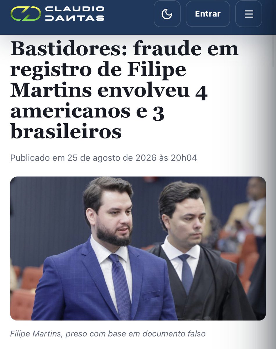 RafaelFontana's tweet photo. BREAKING NEWS:
Fraude no registro de Filipe Martins nos EUA envolveu 4 americanos e 3 brasileiros.

INVESTIGAÇÃO deverá chegar ao diretor da Polícia Federal e Alexandre de Moraes.

Filipe Martins é um preso político e sua prisão é ILEGAL. https://t.co/8tSCAZ2tE9