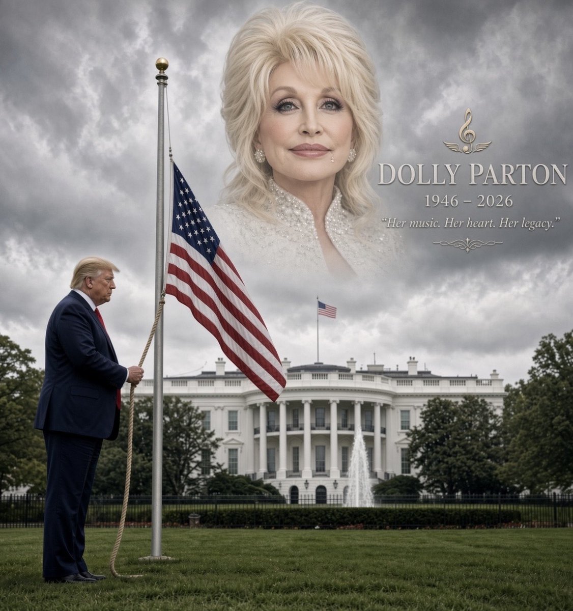 Deplorablegear's tweet photo. “Today we lost a legend. Dolly Parton, 1946��2026. 

Her music, her heart, her legacy will live forever. 🇺🇸 President Trump has ordered flags at half-staff for one week in her honor. 

Rest in peace, Dolly. You gave us so much.” https://t.co/uRelsSkM6Z