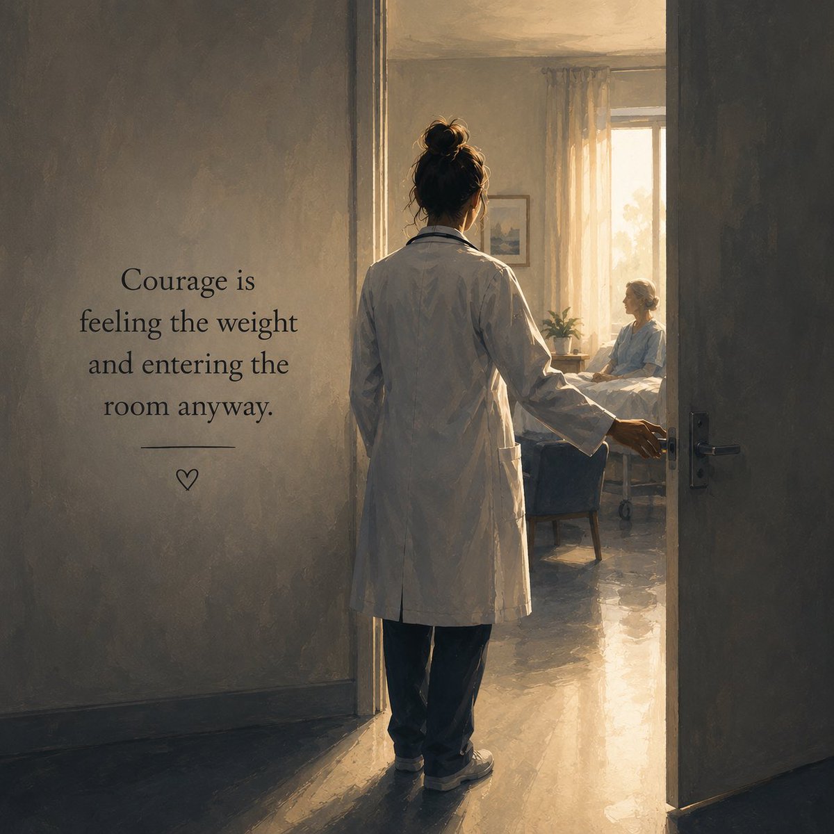 PalliativeCRNP's tweet photo. “I don’t know how you do your job.”

I hear that from doctors and nurses all the time.

The truth is, I don’t do it without feeling it. Every serious conversation still takes courage.

We got into this mess in medicine partly through avoidance…. softening prognosis until the meaning disappears, postponing conversations about dying because we’re afraid of taking away hope, or because we simply hate being the one who has to say the words.

Avoidance doesn’t protect patients.

These conversations should feel heavy. You’re sitting with another human being and talking about their life, their future, and sometimes their death. Feeling that weight means you understand what’s at stake.

The goal isn’t to become so practiced that you feel nothing.

You’ll stumble. You’ll wish you’d said something differently.

Try anyway.

Serious conversations require courage, not perfection.

The discomfort is human.

Willingness to enter it is the work.

#PalliativeCare #SeriousIllness #CourageInMedicine
