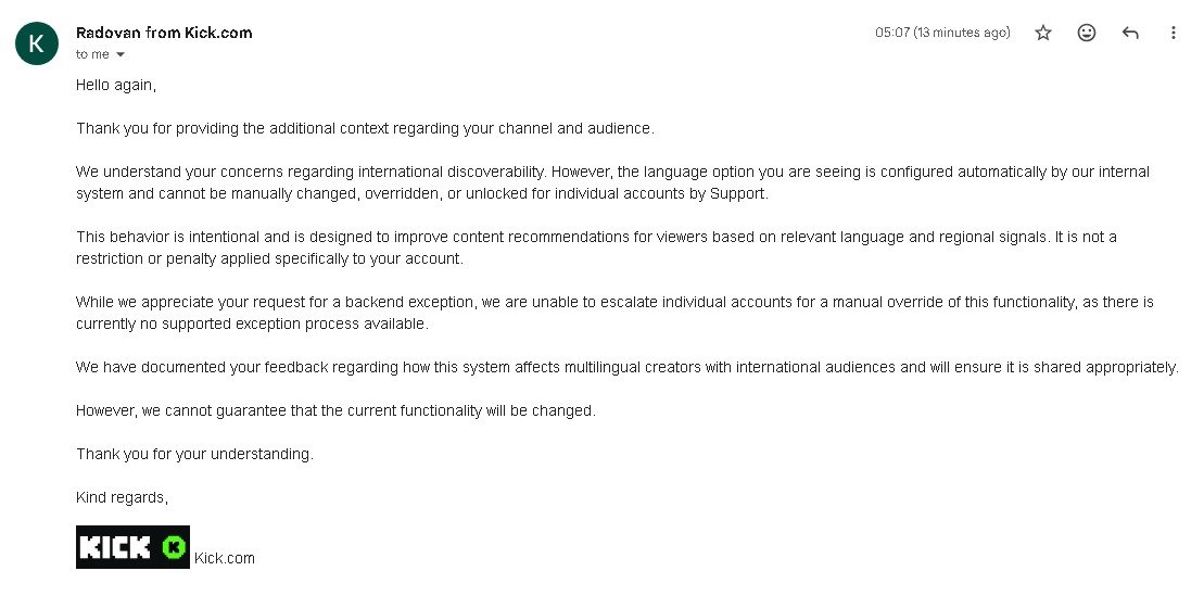 GamingWRittika's tweet photo. Hey @KickSupport @EddieCraven @KickStreaming 💚Trying to migrate a 300k+ YouTube audience over to Kick, but a rigid regional lock is killing our international discoverability. As an official partner, my channel is being algorithmically penalized. https://t.co/TvdbDpTG4y