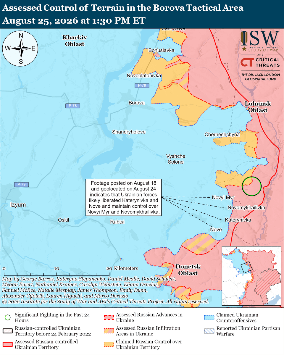TheStudyofWar's tweet photo. NEW: Russia is escalating strikes against Ukrainian-Moldovan border infrastructure in conjunction with its campaign against Ukrainian port and maritime infrastructure. (1/2)

Other Key Takeaways:

Russian forces are using the strikes along the Ukrainian-Moldovan border to achieve broader political effects.

The Kremlin is attempting to address concerns about Russian President Vladimir Putin’s decree that set conditions for nationalization of critical infrastructure facilities.

Russia launched another satellite into orbit on August 24 for military purposes, potentially as part of its broader efforts to establish a Rassvet (Russian analogue to Starlink) satellite constellation.

US Central Intelligence Agency (CIA) Director John Ratcliffe reportedly arrived in Moscow on an unscheduled trip, marking what would be Ratcliffe’s first visit to Russia since becoming CIA director.

Ukrainian forces continued their long-range strike campaign against Russian oil and energy infrastructure. Russia launched an unspecified number of Iskander-M ballistic missiles, Kh-31P anti-radar missiles, and 150 drones against Ukraine overnight.

Ukrainian forces recently advanced in the Kupyansk and Borova directions.