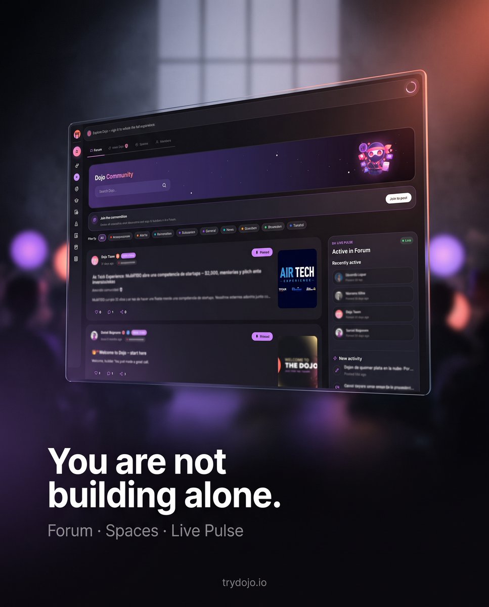 trydojo_io's tweet photo. Construir solo es la forma más lenta de construir.

En el foro de Dojo los builders le responden a builders.

Te trabás un martes a las 11pm y alguien contesta.

https://t.co/clBlao0WnC https://t.co/ERlM9g1Qjb