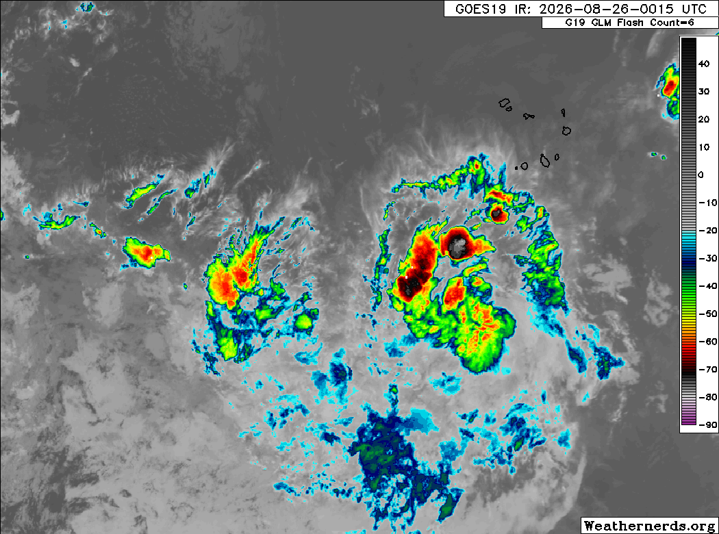 AndyHazelton's tweet photo. #96L is still showing some signs of organization, though convection isn't the most healthy. I'll be curious to see if this is able to get classified in the next day or two. That might be its best opportunity to do so.
Models pretty much unanimously now show a hostile environment near the islands causing the system to likely weaken and potentially fall apart completely. ECMWF, AIFS, and their ensembles mostly show this scenario, with nothing left of the system past the islands.
If it can survive past the TUTT near 60W, there's a chance it could revelop (or potentially develop for the first time) further west near the Bahamas in a slightly more favorable upper pattern. But there are a lot of obstacles to overcome for that to even be a possibility.