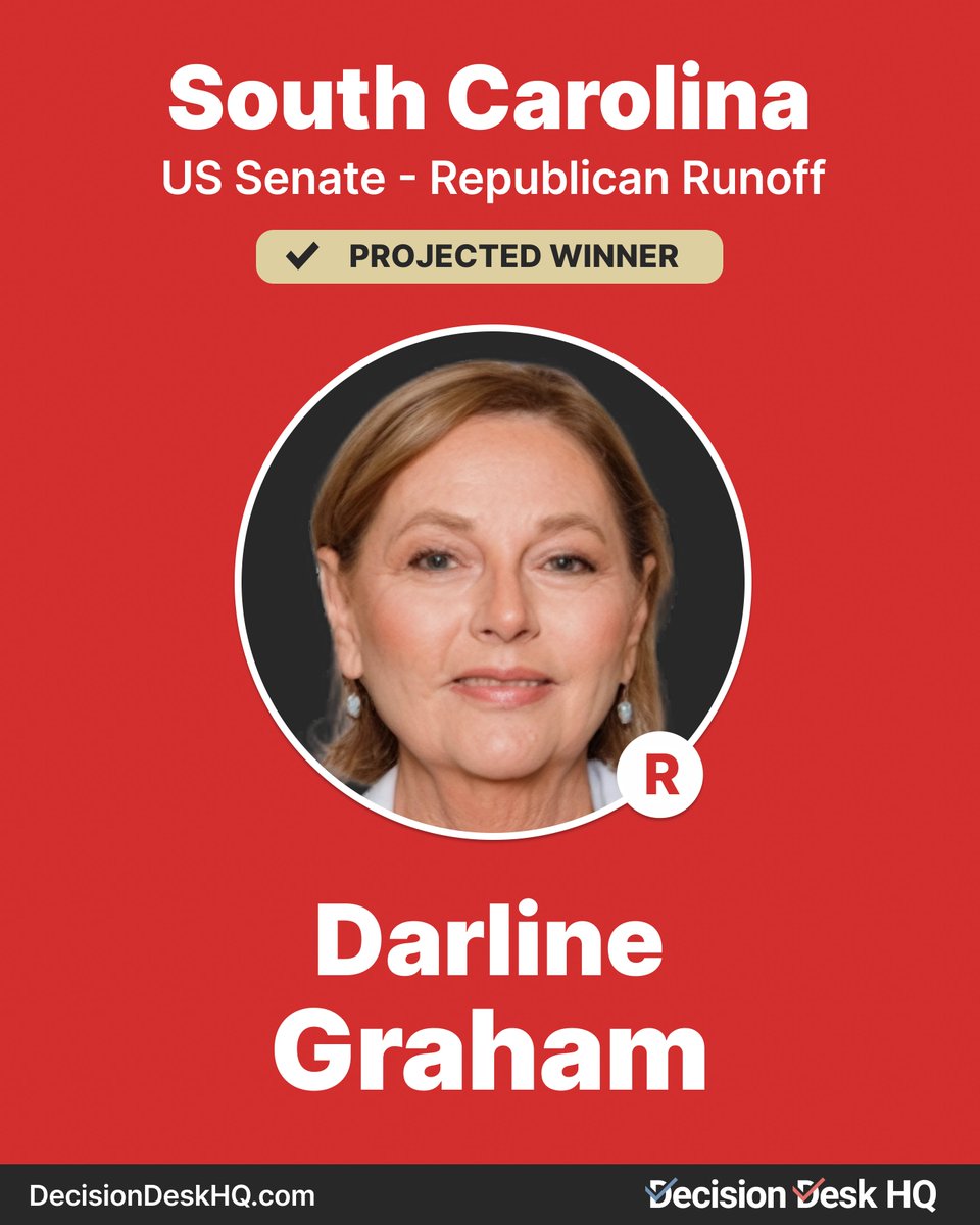 DecisionDeskHQ's tweet photo. Decision Desk HQ projects Darline Graham wins the SC US Senate Republican Runoff

#DecisionMade: 8:38 PM EDT https://t.co/7N8zAWwRKy