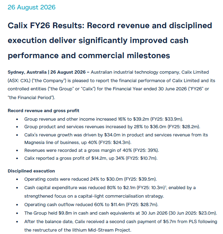 HDCCreative's tweet photo. Nice FY26 results from #Calix $CXL today, alot more milestones to come. Next milestone is the $PLS #lithium 1st #spodumene calcination &amp; lithium #phosphate production in the Sept QTR https://t.co/LrJFI5RYQ4