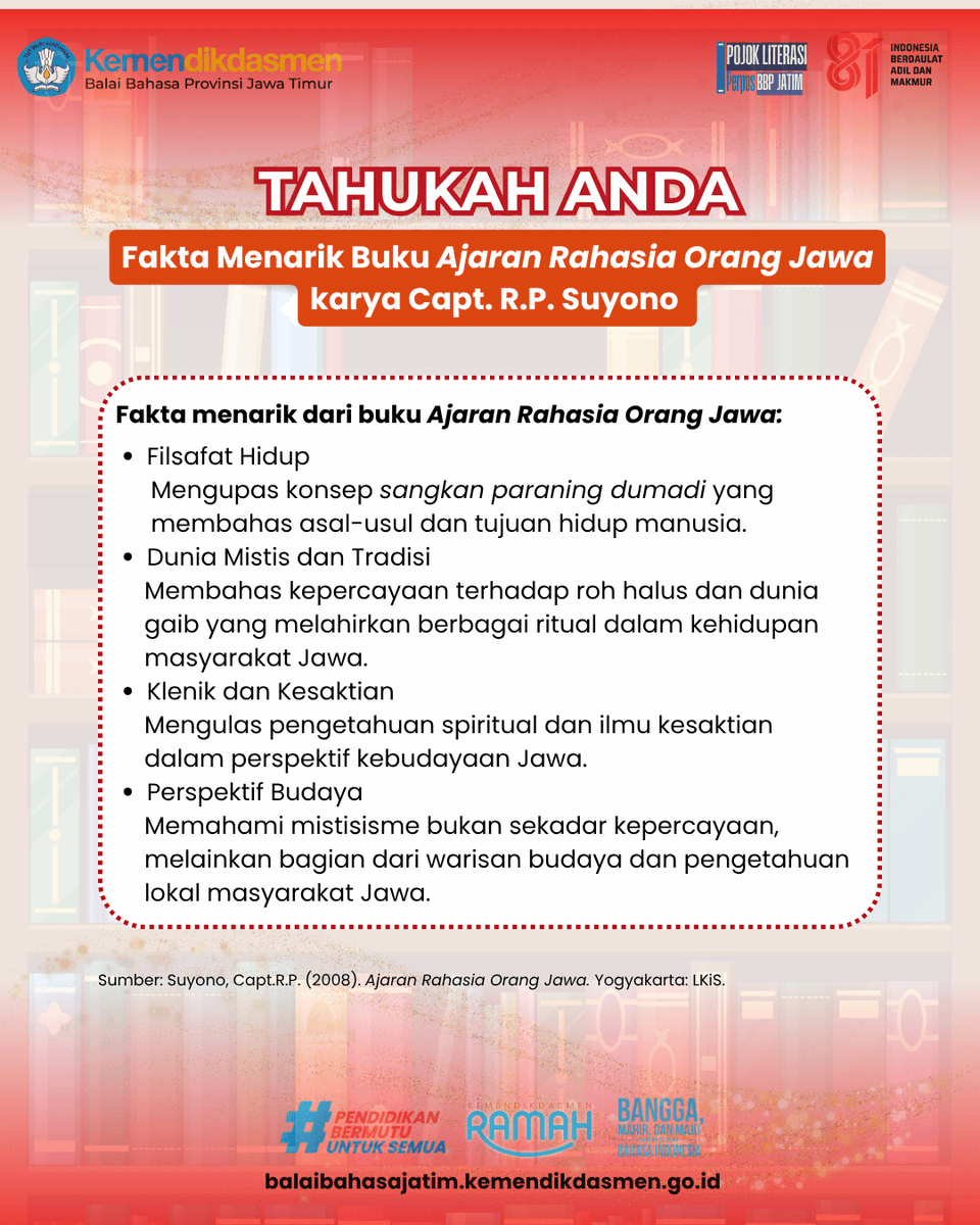 BB_Jatim's tweet photo. Buku "Ajaran Rahasia Orang Jawa" karya Capt. R.P. Suyono mengupas mendalam falsafah sangkan paraning dumadi, pandangan terhadap dunia gaib, hingga fenomena klenik dan kesaktian sebagai bagian dari warisan kebudayaan Jawa. https://t.co/x9CQcvgCrZ