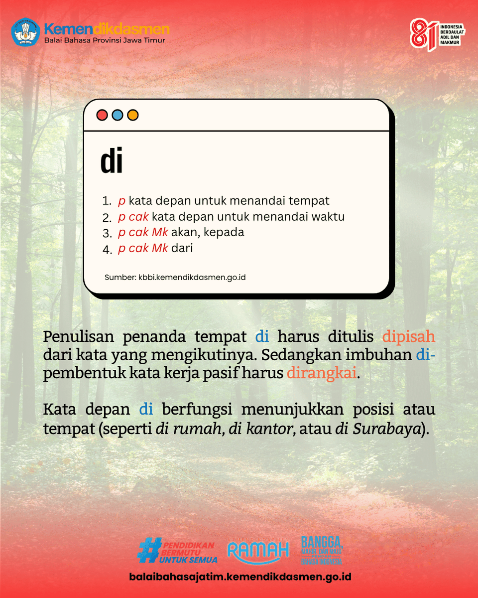 BB_Jatim's tweet photo. Siapa nih yang masih sering bingung membedakan kapan penulisan di harus dipisah dan kapan harus dirangkai? Kesalahan kecil ini ternyata cukup sering kita temui dalam penulisan sehari-hari, lho! 🤔 https://t.co/w89Xb20zTU