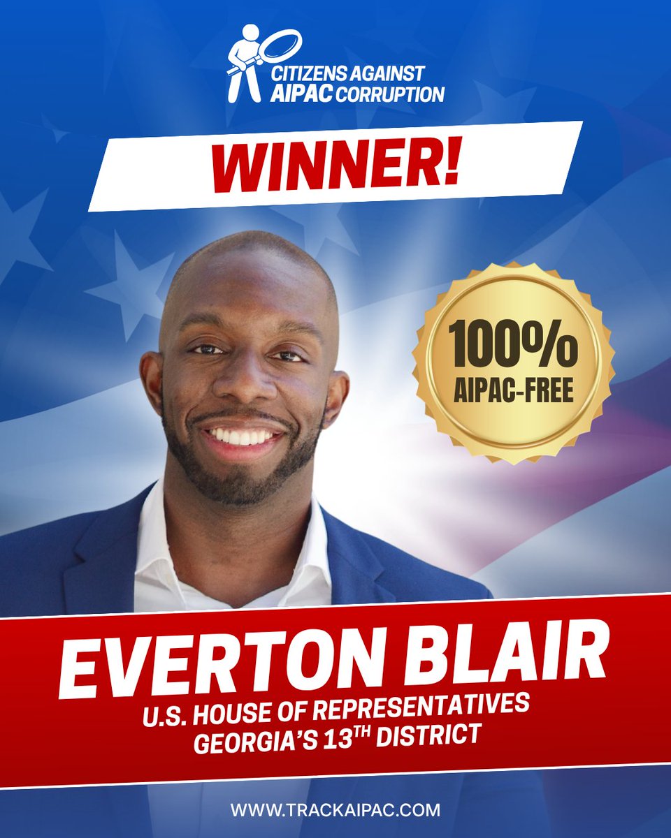 TrackAIPAC's tweet photo. Congratulations to @evertonblairjr for winning the special election in #GA13! He will serve the remainder of Rep. David Scott's term following his death in April.

Standing against genocide is good policy and good politics! https://t.co/XSWuOWFALd