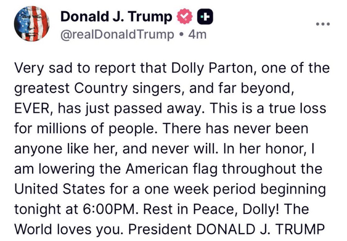 UKR_token's tweet photo. El presidente de EE.UU. Donald J. Trump ha ordenado que las banderas se arrien a media asta en honor al ícono de la música country Dolly Parton tras su fallecimiento. https://t.co/llScYI8BIk
