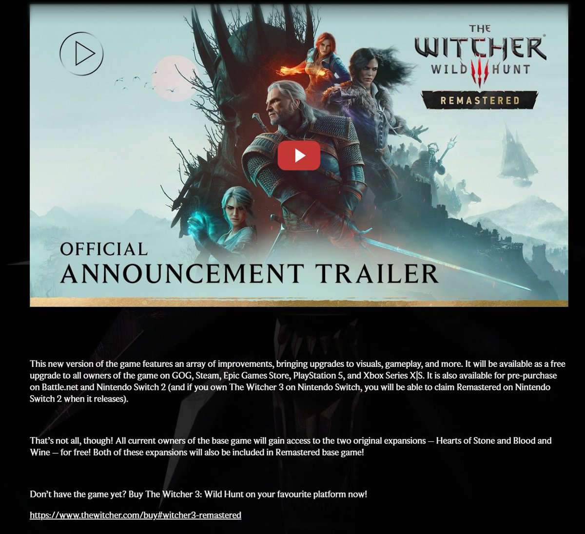 Wario64's tweet photo. "if you own The Witcher 3 on Nintendo Switch, you will be able to claim Remastered on Nintendo Switch 2 when it releases" https://t.co/o2XfbKTWyP https://t.co/cDC2oourtU