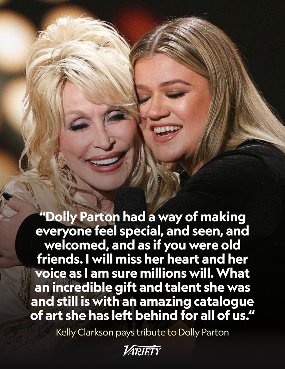 Variety's tweet photo. Kelly Clarkson pays tribute to Dolly Parton:

"Dolly Parton had a way of making everyone feel special, and seen, and welcomed, and as if you were old friends. I will miss her heart and her voice as I am sure millions will. What an incredible gift and talent she was and still is with an amazing catalogue of art she has left behind for all of us."

https://t.co/E9bWy6vrAa