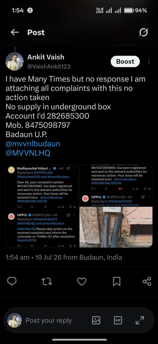 VaishAnkit123's tweet photo. @MVVNLHQ @UPPCLLKO @mvvnlbudaun @UPGovt @myogioffice I have complaint 9-10times but everytime complaint resolved without any action taken issue not resolve
I have tried many  but no action taking for underground cable is burst in raghuveer nagar colony in gali no. 2 
Substation Meeraji Chowki 
Account id 2826853000
Mob. 8475098797 https://t.co/2eDgLkLQCh