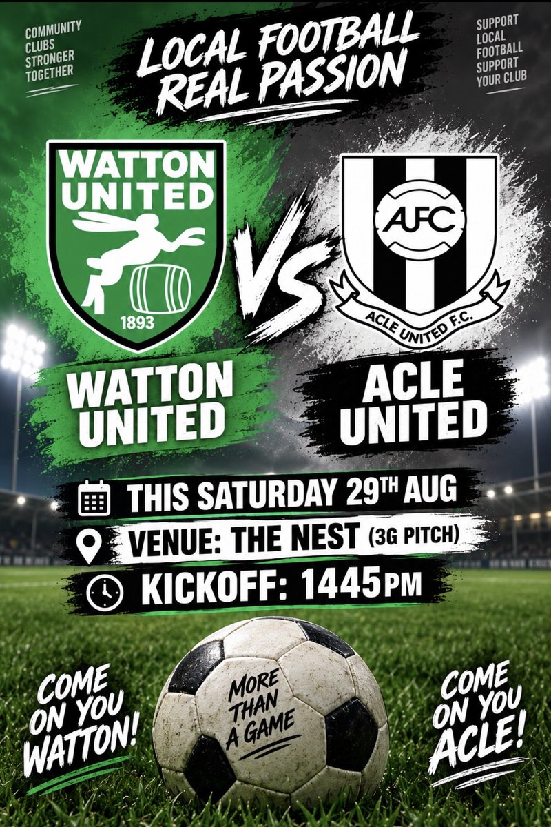 WattonUnitedFC's tweet photo. @AnglianCom 1st league match this Saturday come and support the lads! Playing at the Nest due to the Social club has an event on. 14:45 kickoff….. 💚🤍 
Vs @AcleUnitedFC 
#Footballsback 
#Greenarmy https://t.co/Z9Vi1CRVSj