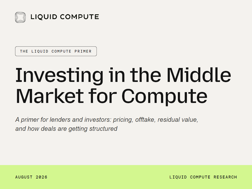 liquidcompute's tweet photo. We spent the last few months talking to credit investors about financing GPU fleets. Four questions came up in nearly every conversation:

1. What does the market actually price?
2. Is there a secondary market for the hardware?
3. How do you tell good offtake from bad?
4. What does the depreciation curve look like?

No document answered them, so we wrote one.

Investing in the Middle Market for Compute covers the segment below the hyperscale tier, where the borrower is a real operating business and the offtaker is not investment grade. The core finding is that capital is not the scarce input here; bankable offtake is. Operators routinely hold term sheets they cannot draw because the layer beneath the debt is unfilled.

It also covers the down payment gap that kills deals, how the market views obsolescence, and why recovery in this asset is a distribution problem. Plus observable pricing from our own book and the security package items operators will actually give you.

If you'd like a copy, shoot us a message and we'll send it over.