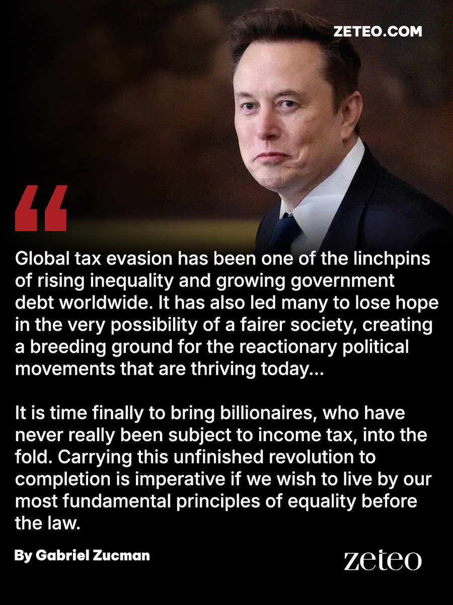 zeteo_news's tweet photo. “While ordinary taxpayers must pay income tax, the truly rich have ample opportunities to avoid it: For them, income tax is optional.”
As inequality rises at alarming levels across the world, Zeteo’s newest contributor @gabriel_zucman explains why billionaires must be taxed. https://t.co/4aZZpXoNAL