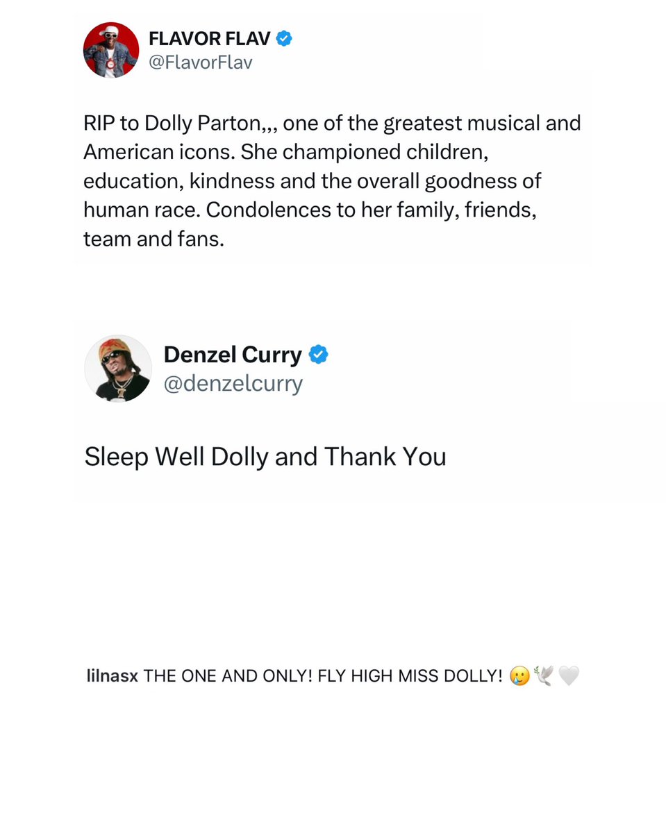 XXL's tweet photo. Hip-hop reacts to the passing of Dolly Parton 🕊️

Tributes pour in from Lil Nas X, Flavor Flav, Juicy J, Denzel Curry and more.​​​​​​​​​​​​​​​​

R.I.P. Dolly https://t.co/KlQ9khWeXN