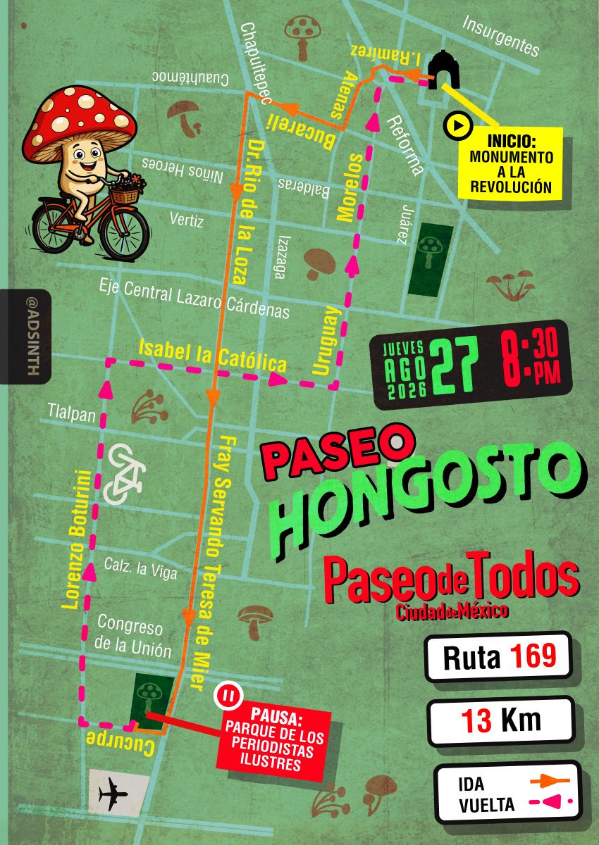 PaseodeTodos's tweet photo. Una espora llamó a otra espora y terminaron organizando una rodada. Así nació el #PaseoHongosto.

Este jueves 27 de agosto, 8:30 pm, nos vemos en el Monumento a la Revolución.

Aquí te dejamos la #HongoRuta, Te esperamos :)

#TodosSomosPaseo #CDMX #MejorEnBici https://t.co/uHIEGBTd0w