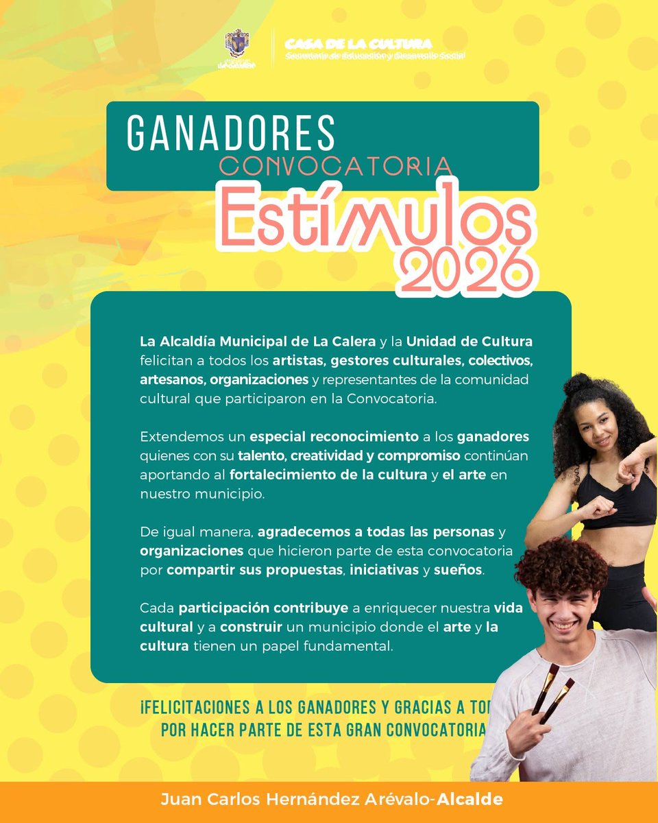 casa_calera's tweet photo. Felicitaciones a los ganadores y gracias a todos por hacer parte de esta gran convocatoria
La Alcaldía Municipal y la Unidad de Cultura presentan las propuestas seleccionadas de la Convocatoria de Estímulos 2026, una iniciativa que reconoce e impulsa el talento cultural. https://t.co/HzEkBhTzXF