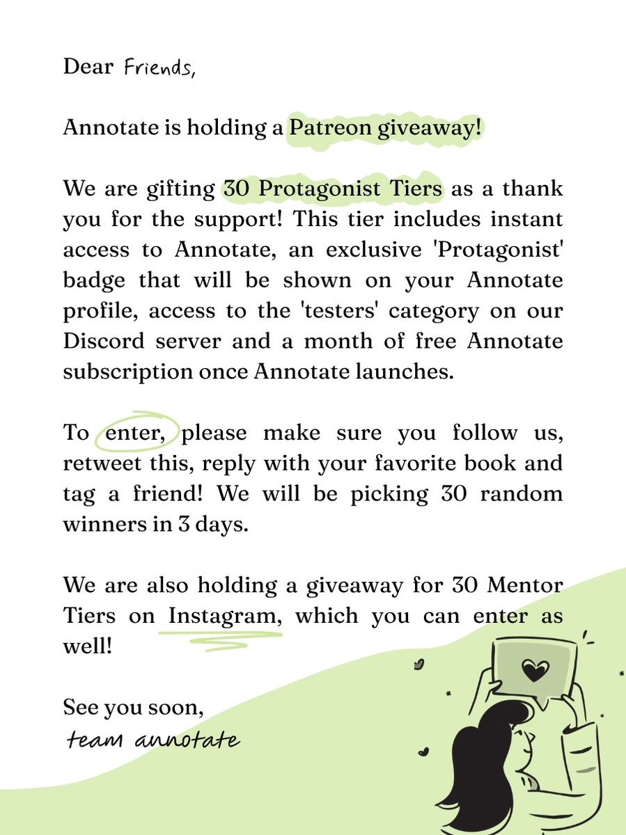 tryannotate's tweet photo. Annotate is holding a Patreon giveaway! We are gifting 30 Protagonist Tiers. To enter, make sure to follow us, repost and reply with your favorite book and tag a friend! 

We’re also holding a Mentor tier giveaway on Instagram! (@/annotateapp) 

https://t.co/cw2jivHpbY https://t.co/qDX1Mhkdjz