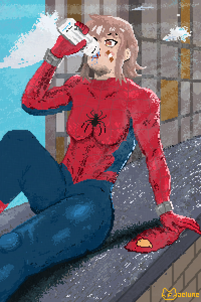 FaeluneVT's tweet photo. Petra Parker pixel art!

Shes taking a breather and enjoying the best monster flavour! 

#petraparker #spiderman #artㅤㅤㅤㅤ #fanartㅤㅤㅤㅤ https://t.co/h6xZ24CtVP