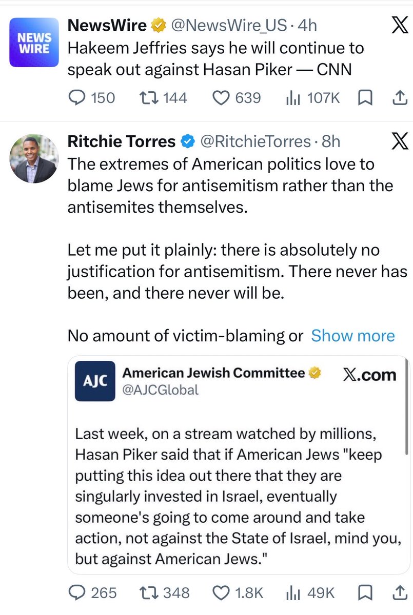 PollTracker2024's tweet photo. Multiple Democrats in Congress have decided to speak out against Hasan Piker today
🟦Josh Gottheimer
🟦Jacky Rosen
🟦Hakeem Jeffries
🟦Ritchie Torres https://t.co/G4I9V4gEcL
