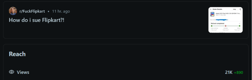 9TO12CRAFT1's tweet photo. Your great service is sure getting traction! 🔥 21K+ views and climbing on Reddit. Keep sending automated bot replies instead of fixing this, and let’s see how far this goes. @Flipkart @flipkartsupport #FlipkartScam #ConsumerRights https://t.co/QSimCy5bst