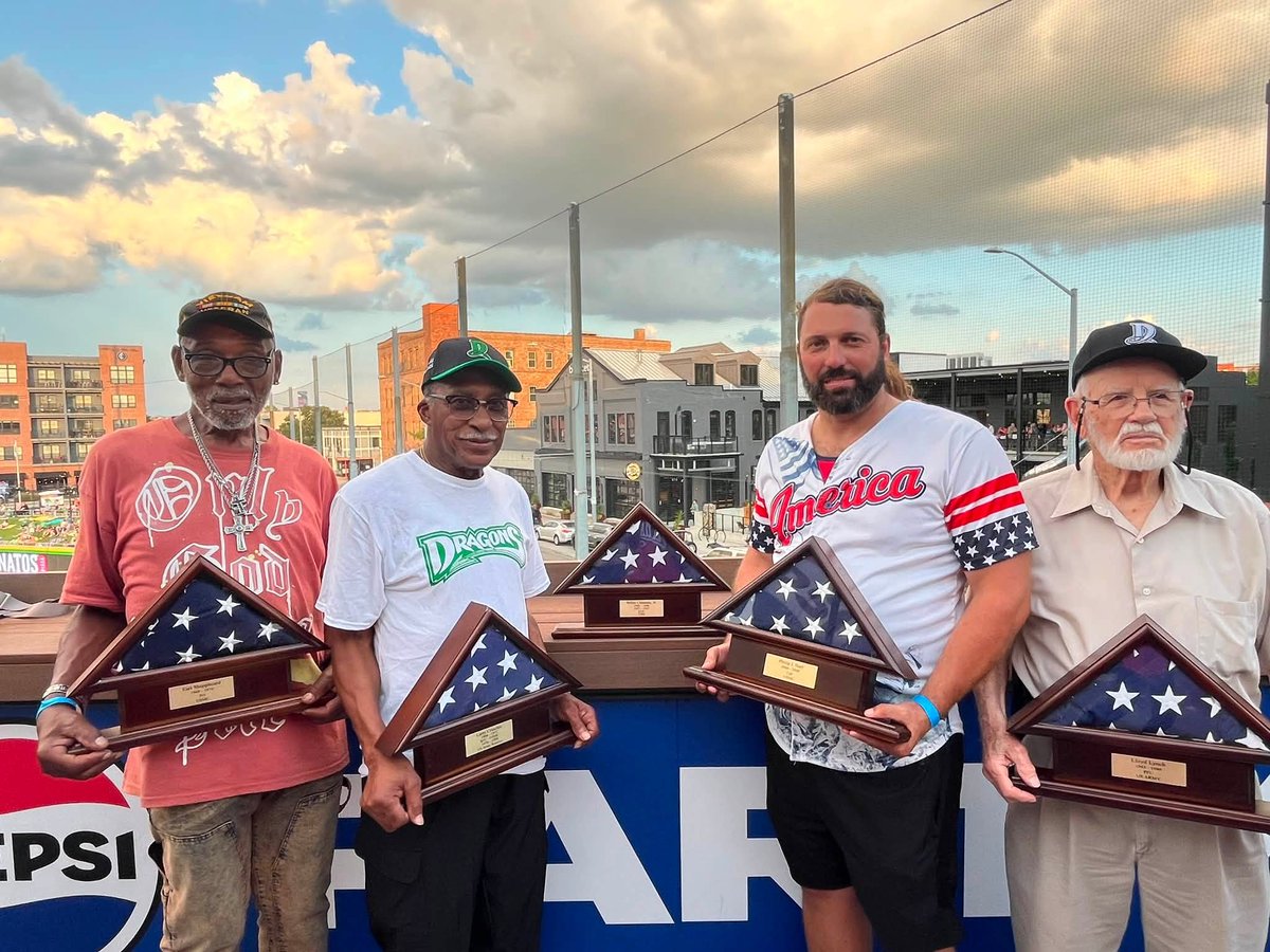 DaytonVA's tweet photo. Five Veterans enrolled at Dayton VA were honored at this year’s Welcome Home event on Friday. It was the 18th year we’ve teamed up with the  Dayton Dragons for the special event. This year’s honorees are Lloyd Lynch, Willie Clemons, Jr., Larry Crutcher, Earl Sheppheard, and Philip Hart. They each received an American flag that had flown over the U.S. Capitol, specials coins, Dragons swag and other tokens of appreciation. Mr. Lynch, who is a WWII Veteran and 101 years old, threw out the first pitch. They and their families also enjoyed a nice meal on the party deck.