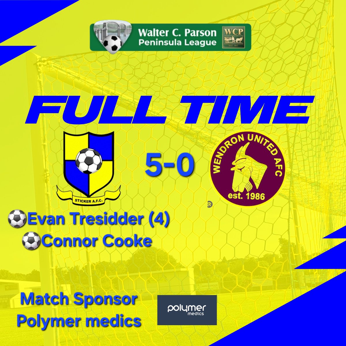 StickerAFC's tweet photo. A great team preformance from our First Team tonight, that keeps their 100% start to the season going.
A four goal haul from Evan Tresidder and another from Connor Cooke.
Good luck to @WendronUtdAFC for the season.
And many thanks to our Match Day Sponsor @polymermedics https://t.co/WaSjORpkC2