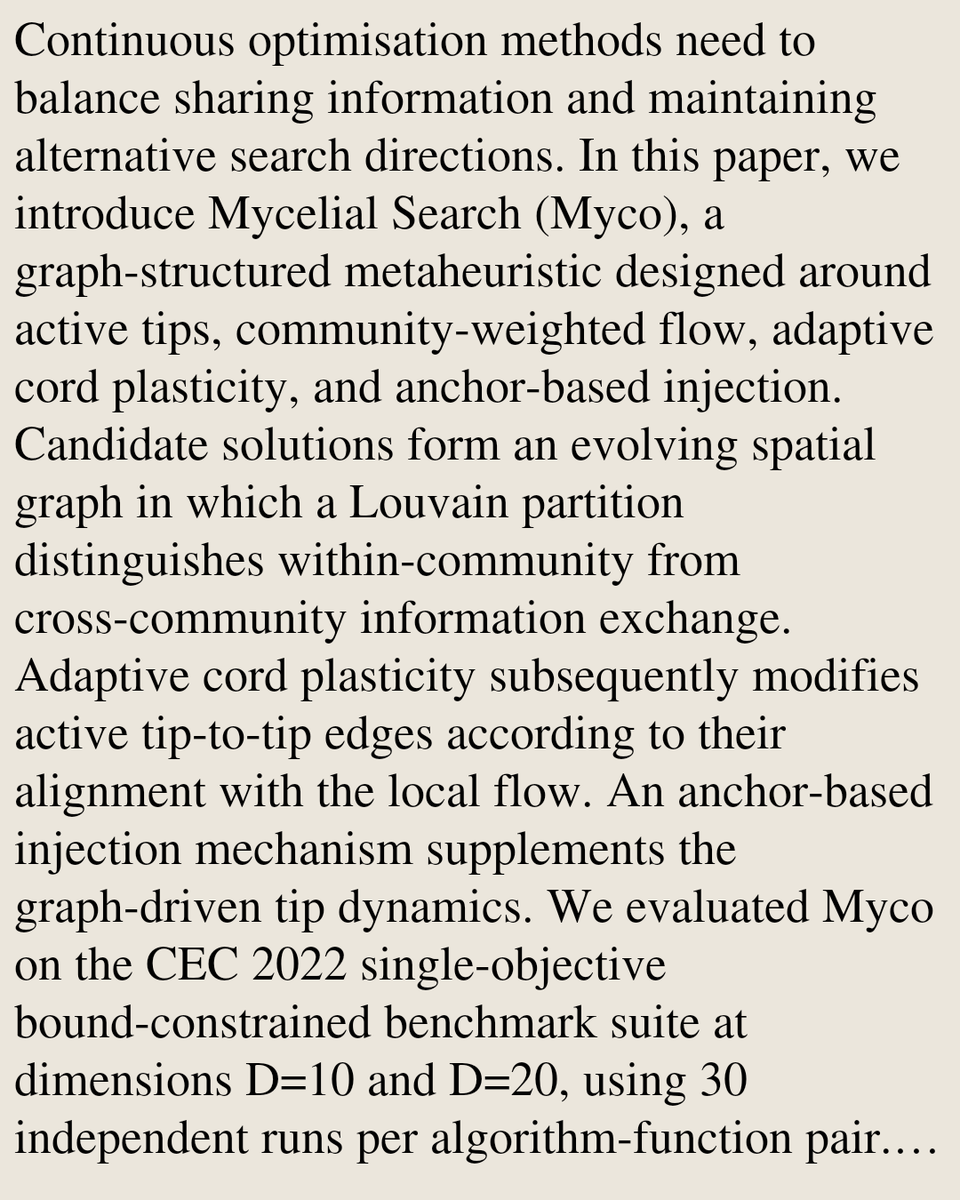 TAL's tweet photo. Mycelial Search: A Graph-Structured Metaheuristic for Continuous Optimisation

Mohammad Mahdi Dehshibi
https://t.co/QWfU8cCXAP [𝚌𝚜.𝙽𝙴 𝚌𝚜.𝙰𝙸]
💬Code: https://t.co/7syzC9u2qR) https://t.co/NghMklDYXT