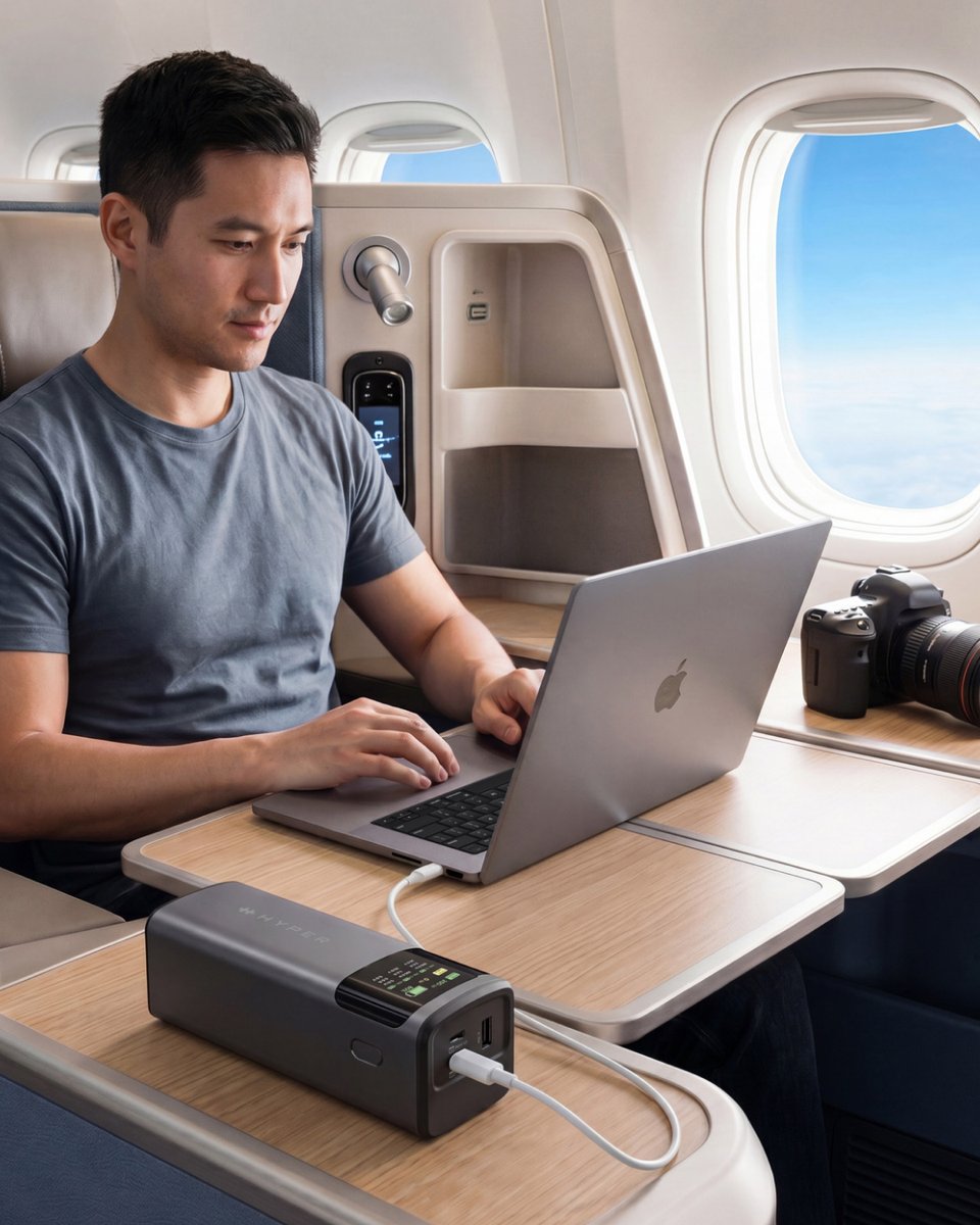 Hyper's tweet photo. #NEW: Two laptops. One power bank. ⚡ The HyperJuice 200W Laptop Power Bank charges up to three devices at once with a 24,000mAh battery that’s airline carry-on ready. https://t.co/h0MlKUmGrl https://t.co/cG4df28Tx1