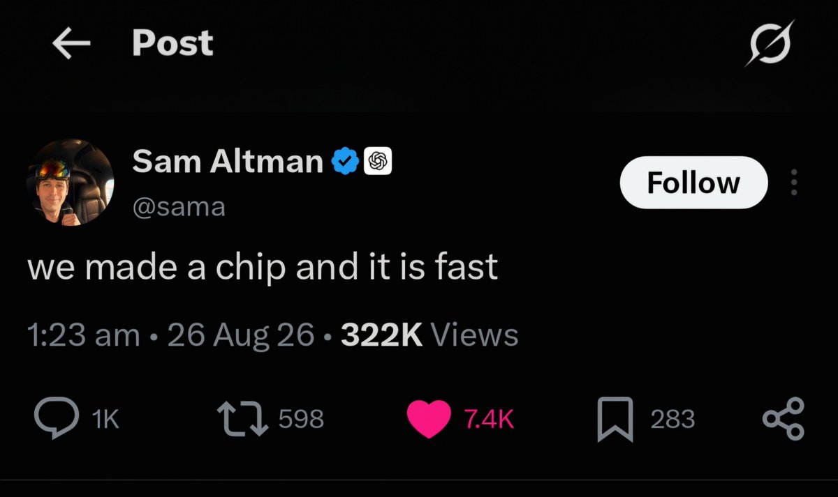 Shaan_GS's tweet photo. every company that gets big enough eventually builds its own chip. apple, google, amazon, meta. the only surprising thing about openai doing it is how fast https://t.co/VE311u94tv