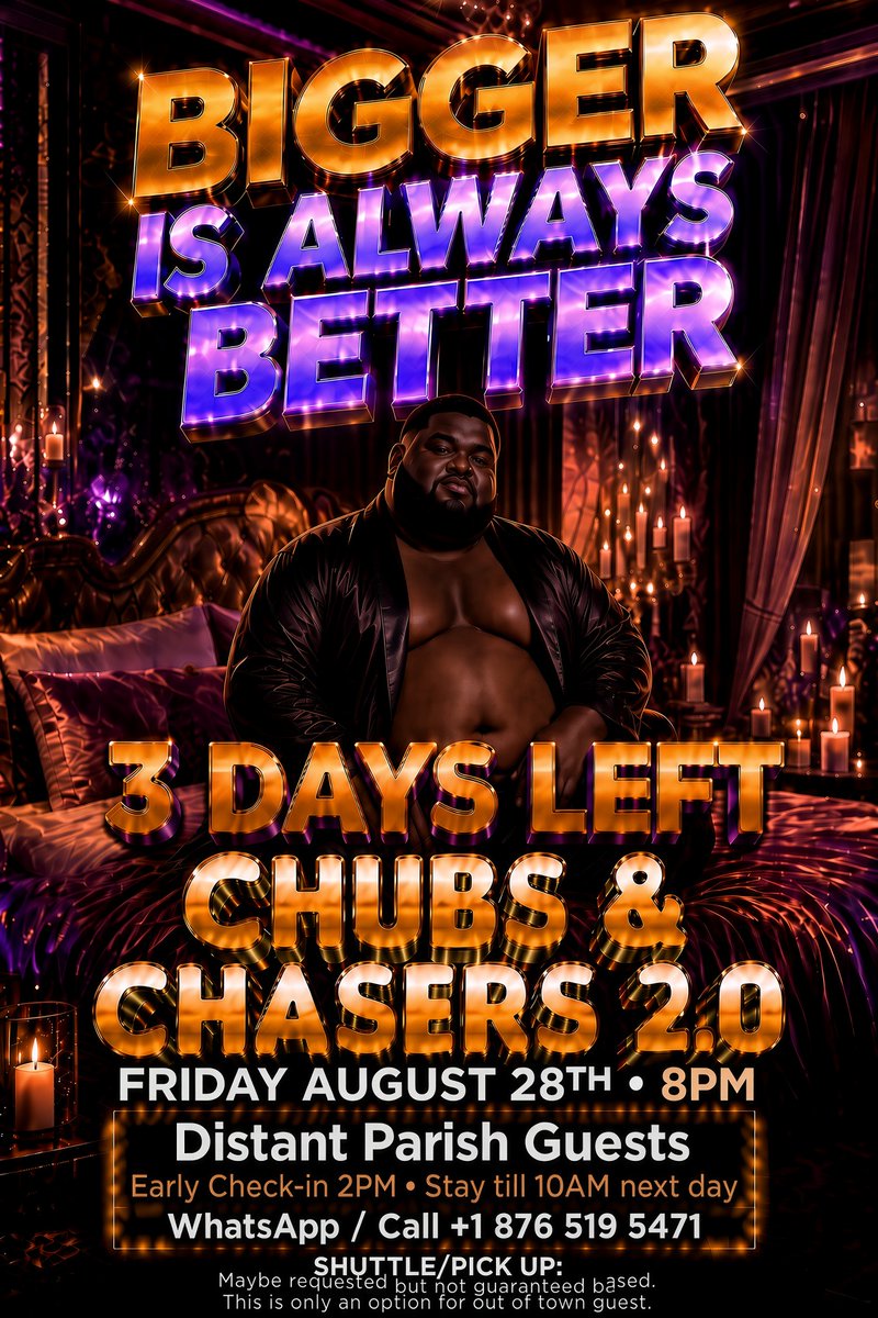 biggerIslandja's tweet photo. ARE YOU READY? 
LARGE IS ABOUT TO TAKE CHARGE!

CHUBS &amp; CHASERS
The inclusive body positive experience.

Pick-up arrangements for out of town, who may have difficulty navigating Kingston. 

Update: Pick-up availability:
8pm: 3 slots
10pm: 4 slots 

Notify host via flyer contact. https://t.co/e18veAjAvL