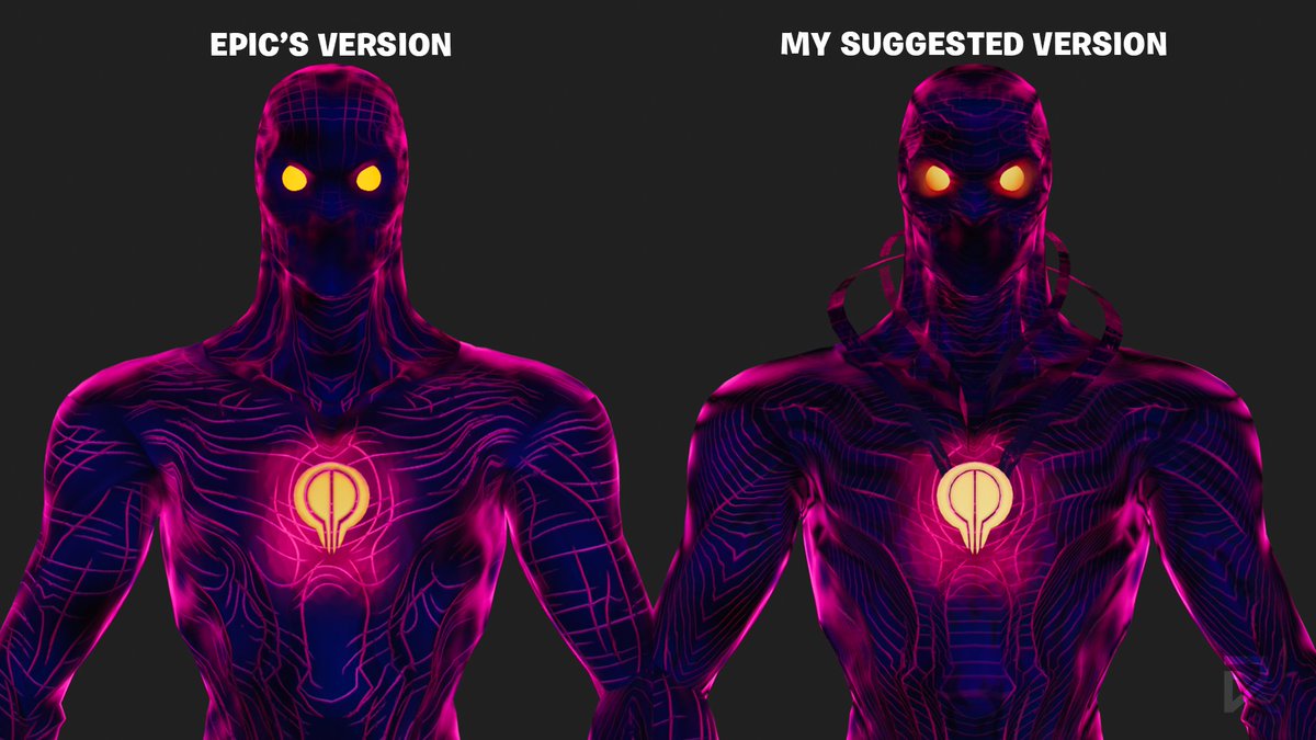 Rezztro's tweet photo. I decided to make an UPDATED VERSION of Geno's Shapeless Man style and here's how it turned out! ����

Below is a video comparison & image of the official Shapeless Man material not including the niagra (flame & distortion vfx) and my version of the Shapeless Man material.

While making this, I made sure to use the SAME textures that were used on the official Shapeless Man style. Although I was a tad bit more restricted in Blender with what I could do, I still think it came out good.

No disrespect at all to the artists who created the Shapeless Man style, but the biggest issue I have with it is that the lines on his body aren't animated. Along with the distortion, that was a huge factor in what made the Shapeless Man... well, shapeless. The animated lines were present in the Collision version of the Shapeless Man, so I'm not sure why they aren't present in the official style. 🫤

Another change I made to the material was Geno's eyes. In the Collision Event his eyes had a nice gradient and looked a lot more intimidating. Unfortunately that was niagra which I do not have access to in Blender, but I tried my best to recreate a similar look in Blender.

Additionally, I also added back Geno's scarf around his neck (Yes, it's codenamed scarf). This was another big detail apart of the Shapeless Man that really made his look feel complete and it was unfortunate to see that was excluded in the official style.

I'd like to thank @BluePointPurple for help with the node setup & @barelyaiden for providing me with the material for the original Shapeless Man style. 🫶

Despite some of my disappointments with the material itself, I LOVE the new unique mesh for the Shapeless Man. In comparison to the Collision version, this mesh makes Geno look a LOT more unsettling and the team behind it did a wonderful job on it! 👏

All in all, I'd love if Epic could take this into consideration and possibly update Geno's Shapeless Man style to look more like the version I'm suggesting.  I only want the best for this character. 🤞

Support on this post would be appreciated and thank you to whoever took their time to read this! ❤️