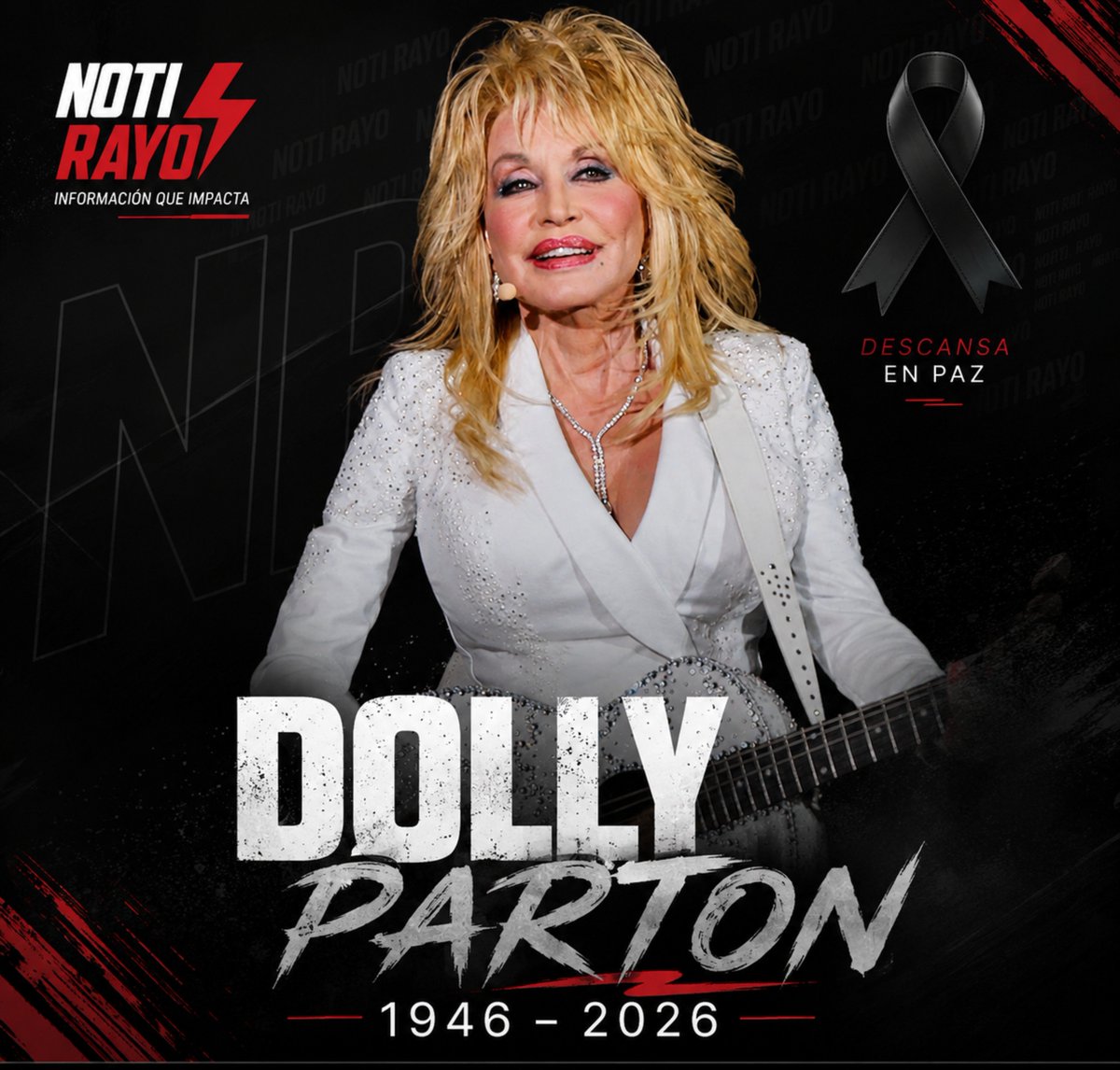 NotiRay0's tweet photo. 🚨🖤 ÚLTIMA HORA: MUERE DOLLY PARTON
La leyenda de la música country falleció este 25 de agosto a los 80 años, confirmó su familia.
🎶 Jolene
🎶 I Will Always Love You
Dolly Parton (1946–2026). Descanse en paz. 🕊️
#DollyParton #NotiRayo https://t.co/XdwBKr9YQr