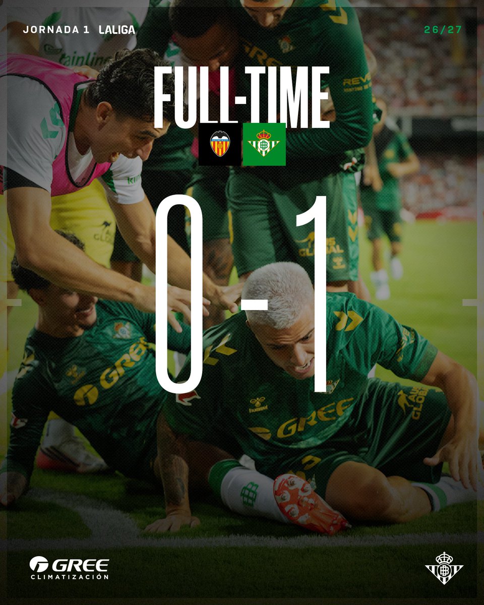 RealBetis's tweet photo. ¡¡FINAL DEL PARTIDO!! ¡¡Nos llevamos los tres puntos de Mestalla!! 👏😁

#DíaDeBetis #ValenciaRealBetis https://t.co/qdtuotSLFV