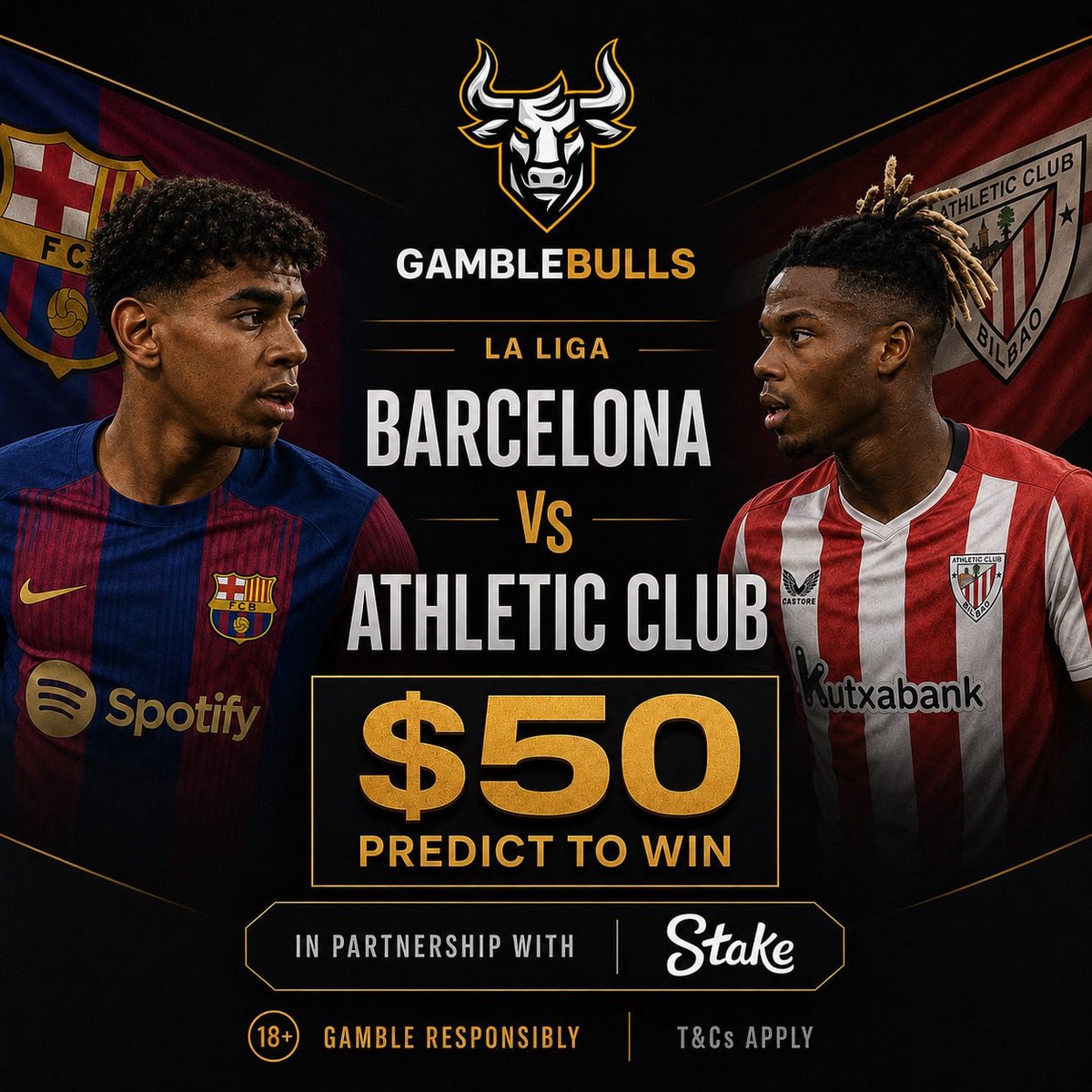 GambleBulls's tweet photo. 🏆Predict to Win -  LA LIGA 🏆

💰WIN: $50 ( 5 Winners)

⚽️BARCELONA VS ATHLETIC CLUB ⚽️

Rules?
- Follow @GambleBulls , LIKE AND REPOST THIS! 
- Anyone who comments more than once will be disqualified
- Make your predictions pre KICK OFF. 

👇Winners announced after full time! 🏆